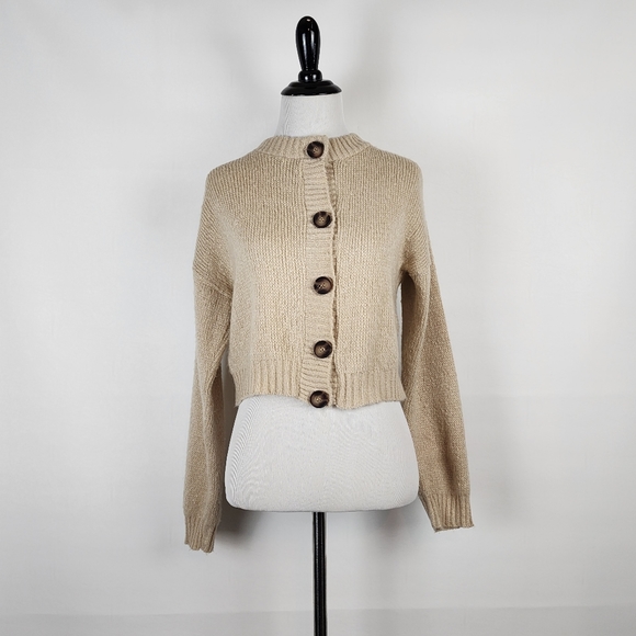 New Nasty Gal Knit Crop Top Cardigan Button Up Tan Festive Holiday Sweater Small - Picture 5 of 16